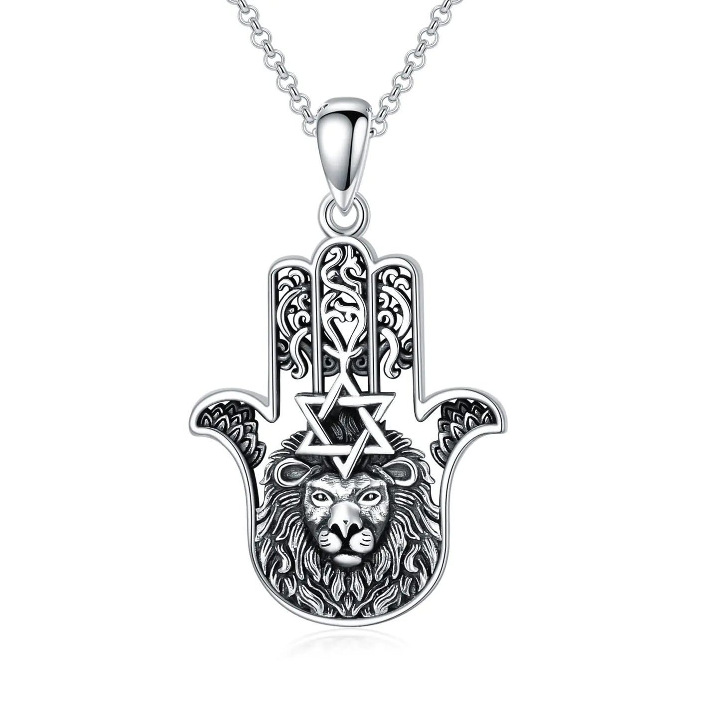 PROESS Sterling Silver Hamsa Lion Pendant Necklace