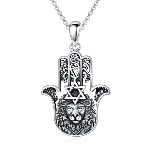 PROESS Sterling Silver Hamsa Lion Pendant Necklace
