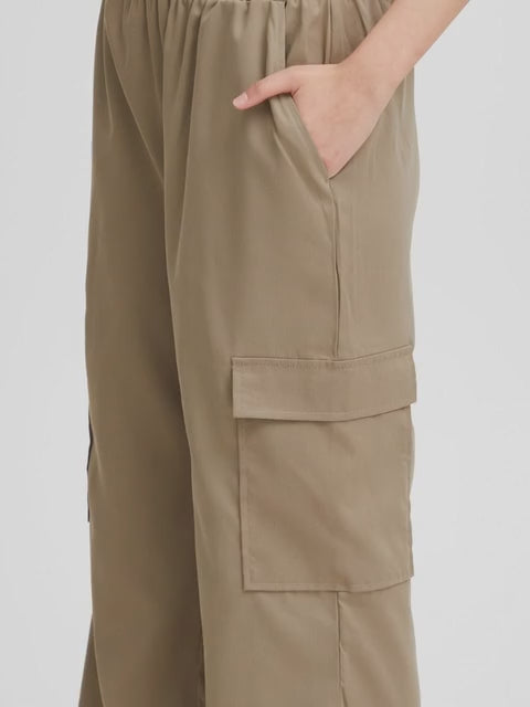 Women's Beige Linen Cargo Pants with Bow Tie Waist